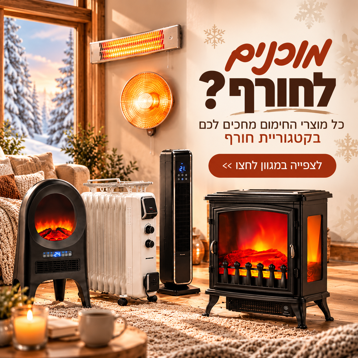 קטגוריית מוצרי חורף לבית – תנורי חימום, מוצרי איטום נגד קור ורטיבות ומנורות חירום לחורף חם, בטוח ונעים.